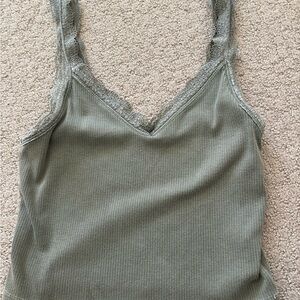 American Eagle Lace Trim Ribbed Tank Top Olive Green